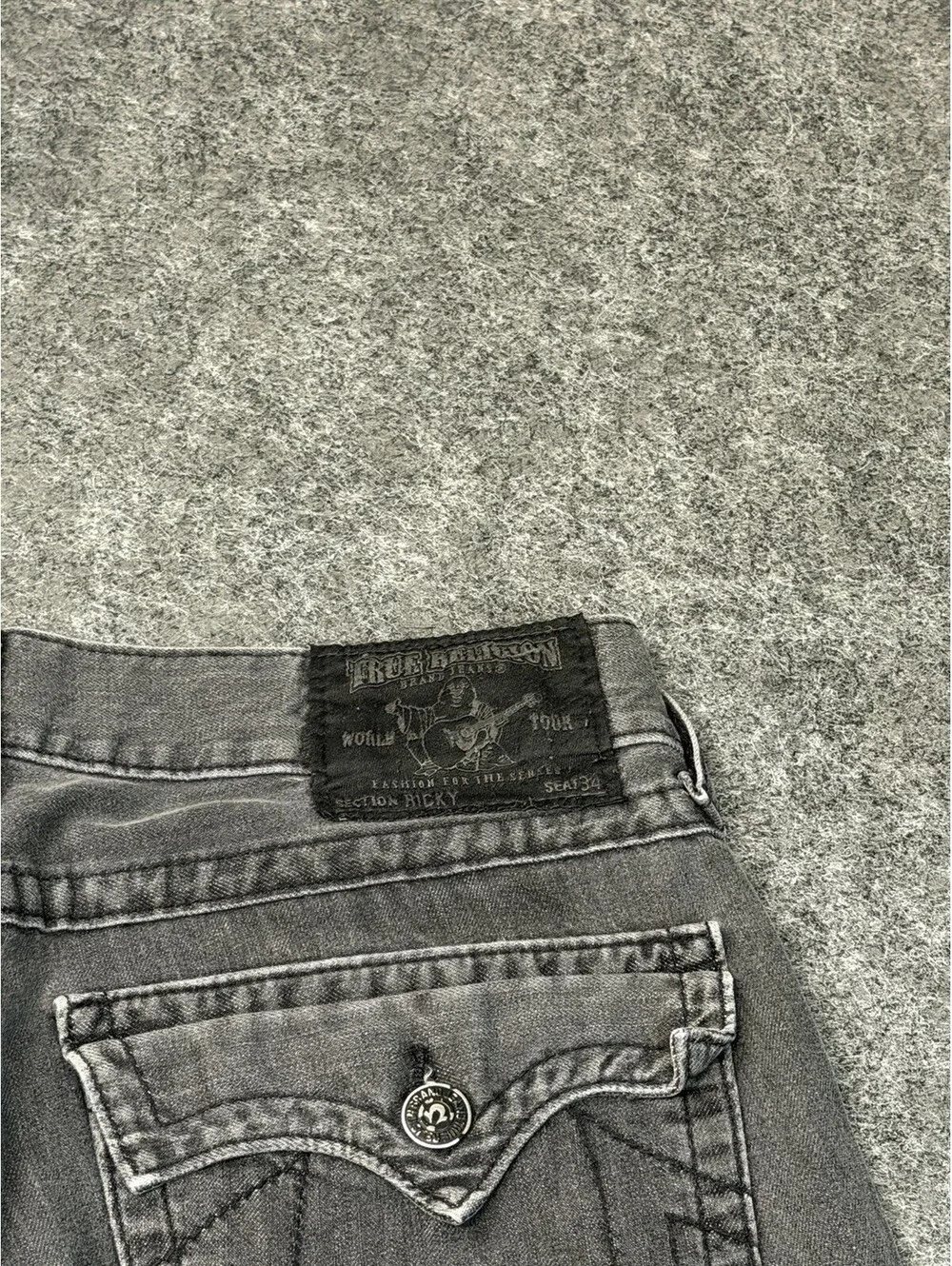 True Religion Billy Straight Leg Jeans Mens 32x28 Gray Black Made In USA Flap